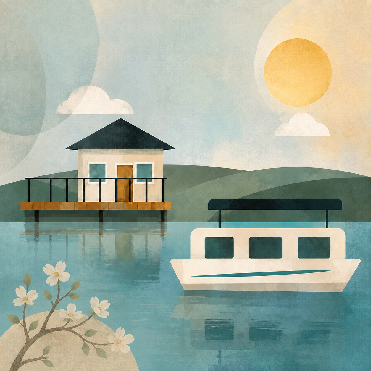 Modern contemporary lakeside artwork showing a home, deck, houseboat, hills, sun, clouds, reflective water, and subtle dogwood blossoms